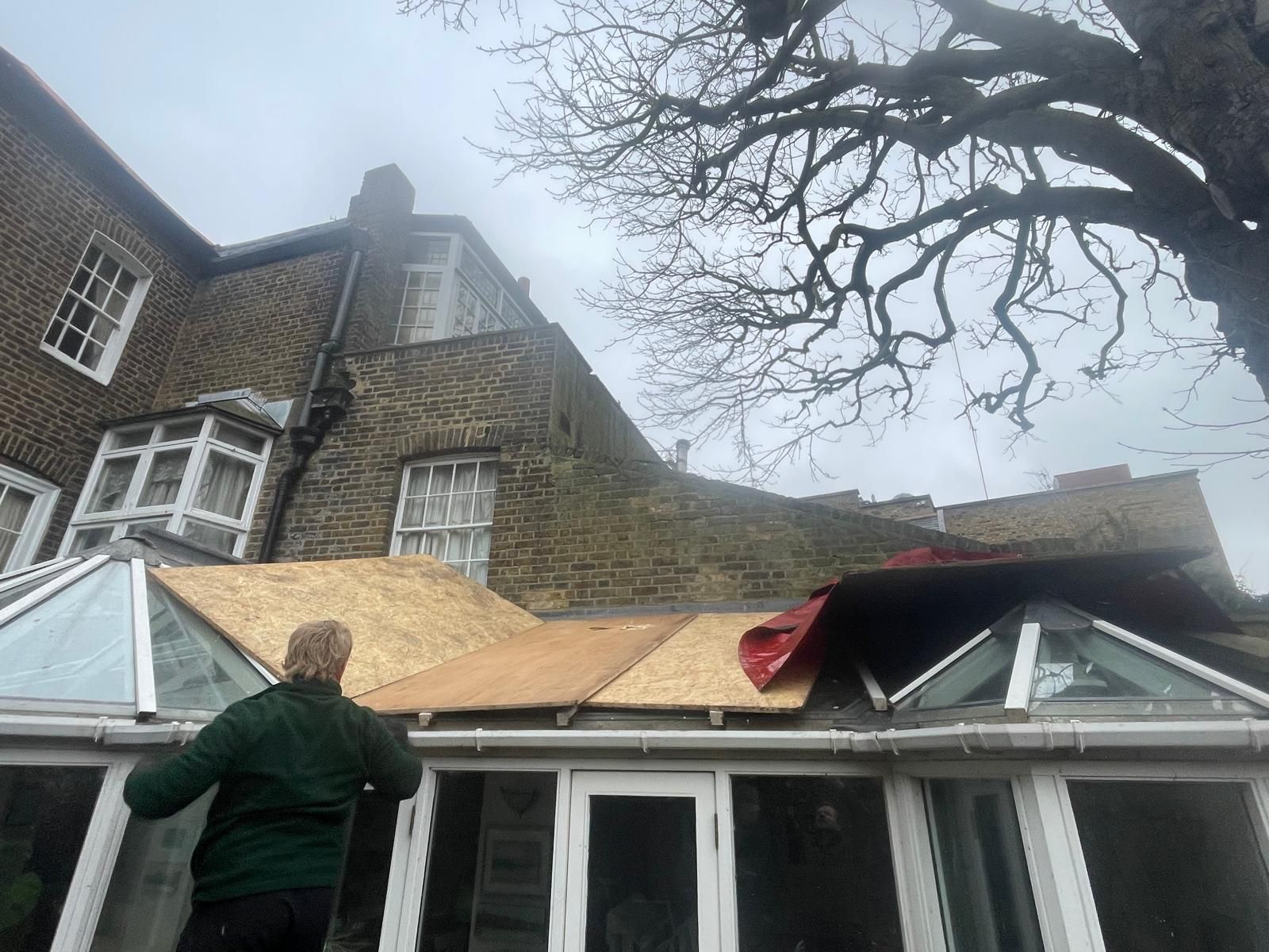 Protecting glass conservatory roof during crown reduction of Horse Chestnut and Sycamore in Hammersmith, London W6