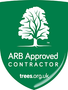 ARB Approved Contractor logo. Shield-shaped, green background with a white tree, and text: