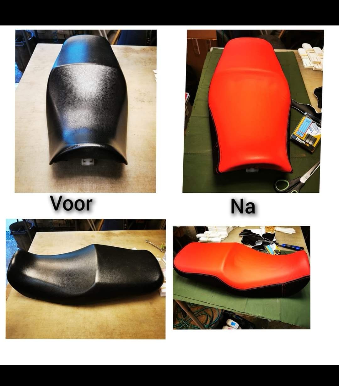 Motorfietszadel voor (zwart) en na (rood) herstoffering, bovenaanzicht en zijaanzicht.