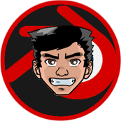 Cartoon face in front of a red, circular Blender logo with a black background; angry expression.