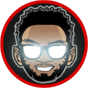 Cartoon of a person with glasses, smiling. Bright light in the lenses. Surrounded by red and black circles.