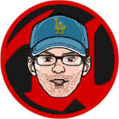 Cartoon head wearing glasses and a blue Dodgers hat, red beard, set in a red and black circle.