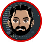 Cartoon face in circle with programming code background.