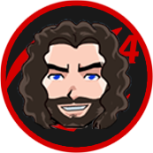 Cartoon man with brown curly hair, beard, and smiling expression inside a red and black circular emblem with the number 4.
