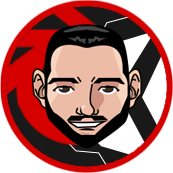 Man with a beard in a cartoon style, inside a red and black circular graphic.