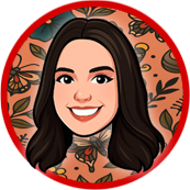 Smiling woman with dark hair and floral tattoos, framed by a red circle with a floral background.