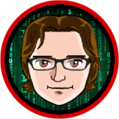 Cartoon head with brown hair and glasses, set against a matrix background, inside a red and black circle.