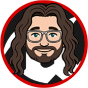 Cartoon headshot of a man with long brown hair, glasses, and a beard, inside a red circle.