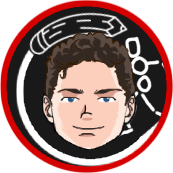 Cartoon head with curly brown hair, smiling. Surrounded by a black circle with white line art, red border.