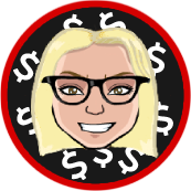 Blonde woman with glasses smiles, surrounded by dollar signs in a red-bordered black circle.
