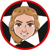 Smiling woman with brown hair and freckles in a red-bordered circle over a white star against a black background.