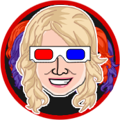 Blond person wearing 3D glasses, smiling, with colorful hair accents within a red and black circle.