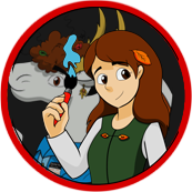 Woman painting a white horse with a paintbrush. Brown hair, green vest, in a red circle.