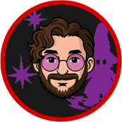 Man with brown hair, beard, and glasses in a red-rimmed circle, with purple stars and shadowy figures on black background.