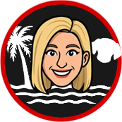 Woman's smiling face in a circle, with a palm tree, water, and island background.