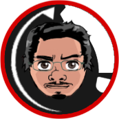 Cartoon portrait of a man with glasses and a goatee, set within a red-rimmed circle against a black and white background.