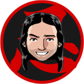 Cartoon face in red circle, black hair, smiling, red and black background.