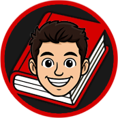 Smiling cartoon face in front of a red book inside a black and red circle.