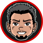 Cartoon head with a goatee, smiling, gray hair, in a red and black circle.