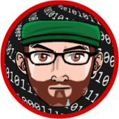 Avatar of a person with glasses, beard, and green beanie inside a red-bordered circle with binary code.