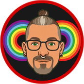 Man with bun, glasses, nose ring, rainbow infinity symbols, black background, red border.