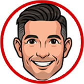 Smiling cartoon man's head inside a red circle, dark hair, light skin, and a happy expression.