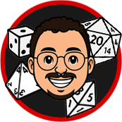 Cartoon man with glasses, mustache, surrounded by dice, smiling against a black and red circular background.