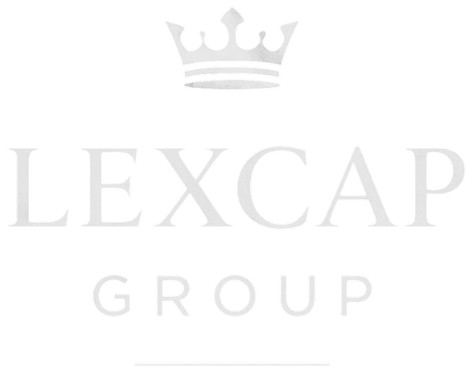 Lexcap Group logo: crown above the text