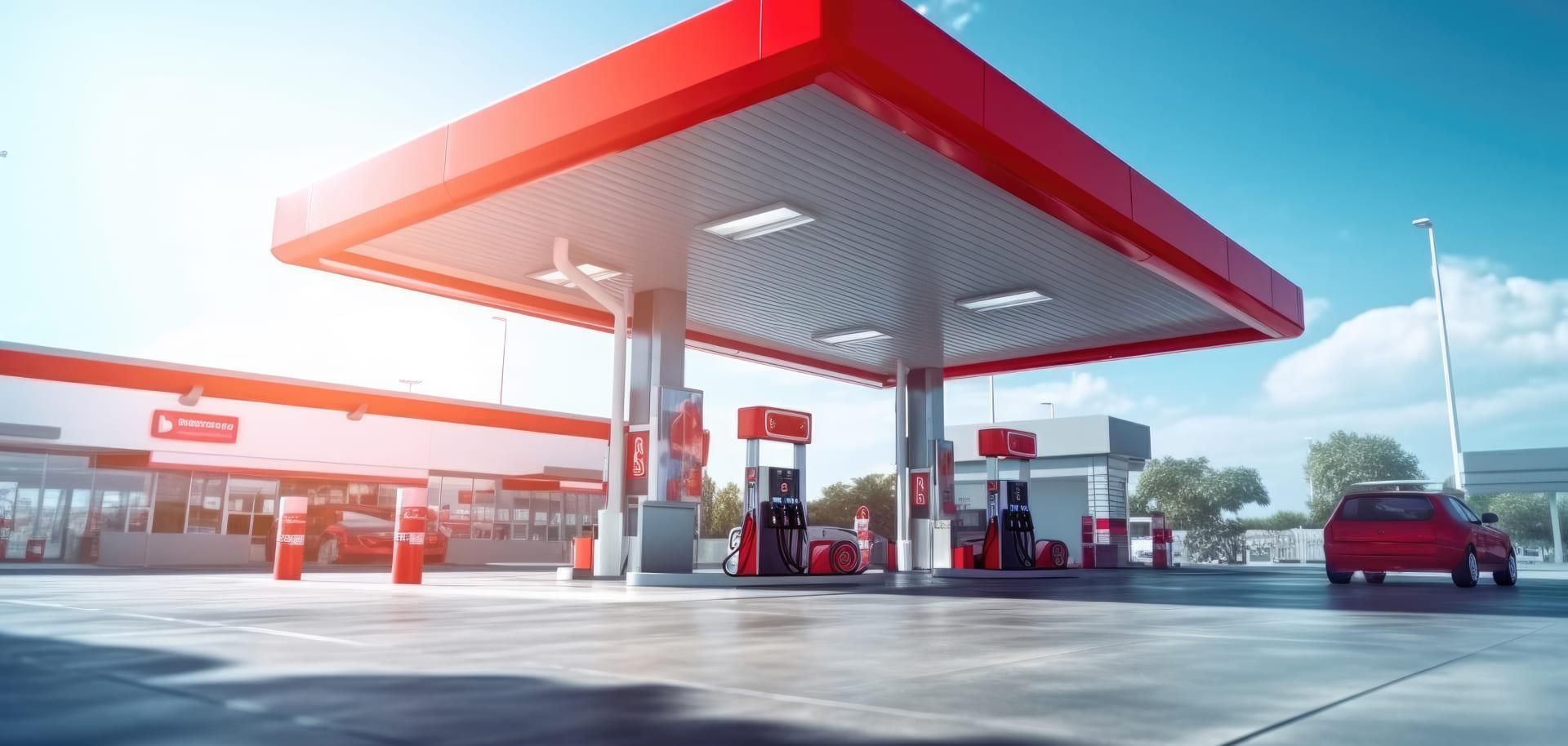 A gas station with red canopy and fuel pumps, a red car, and a clear blue sky.