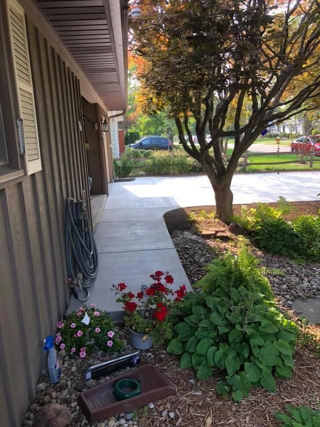 Pathway next to a brown house with a hose, flowers, and a tree.
