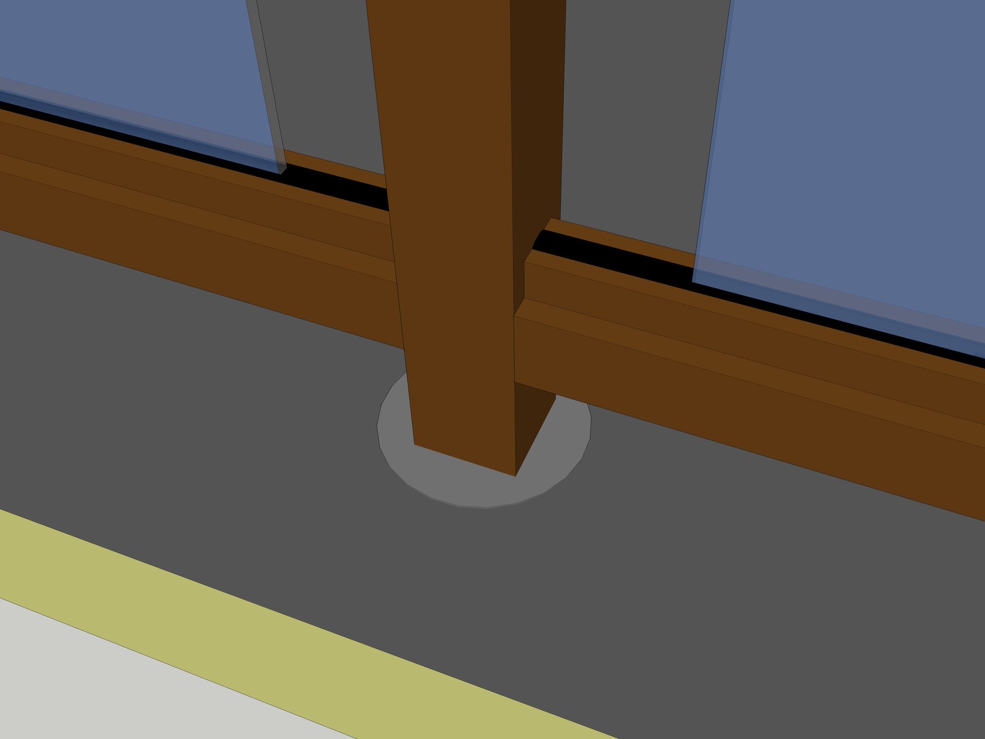Core mount aluminum railing post set in a grouted hole in a concrete balcony