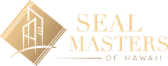The seal masters of hawaii logo is a gold square with a building on it.