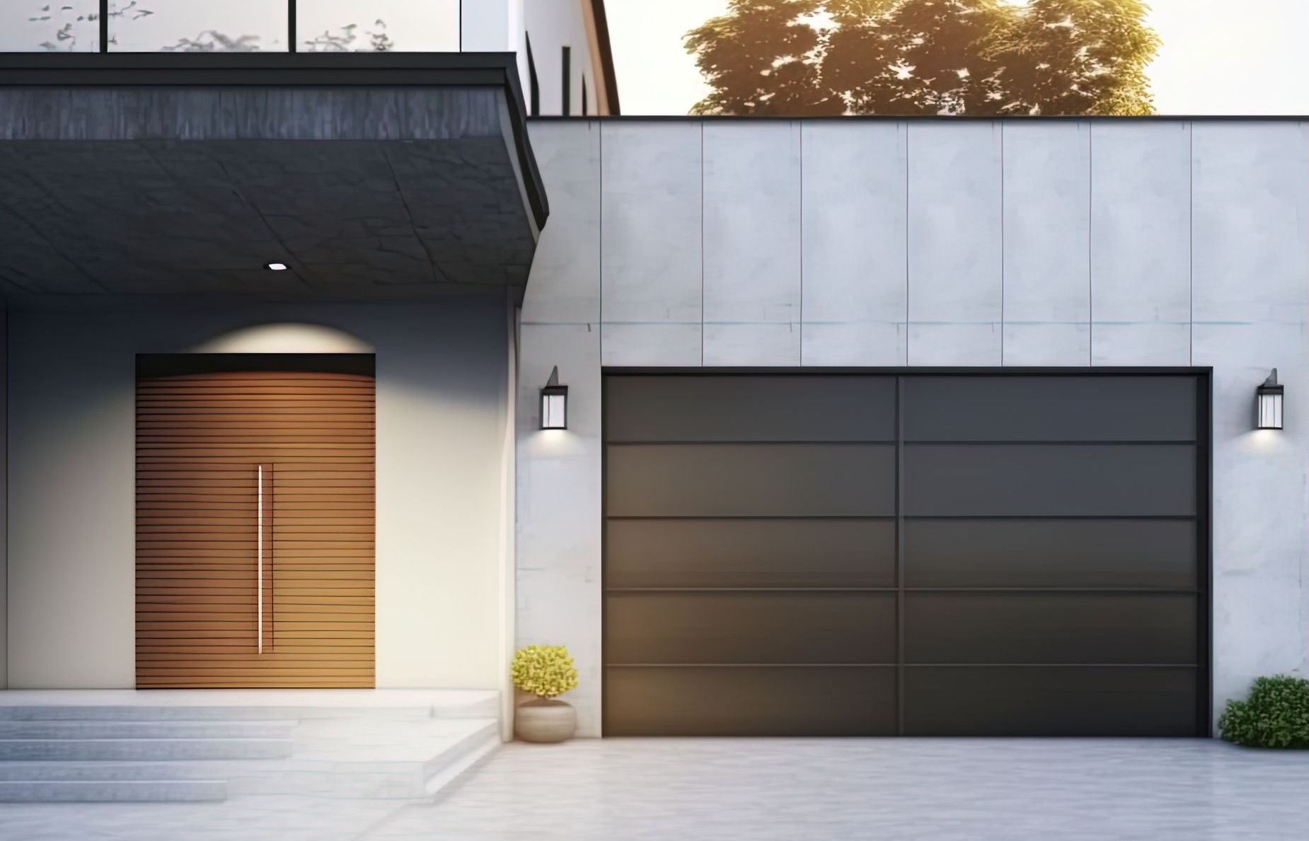 Contemporary style raised panel garage doors.