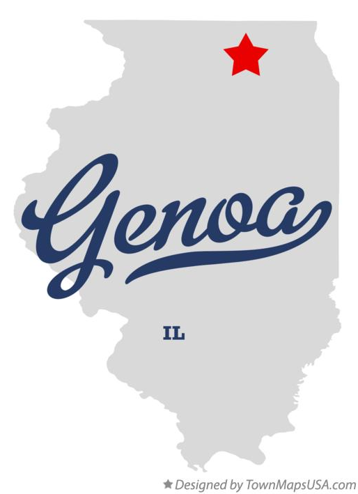 Map of Illinois with a red star marking Genoa. The city name is written in cursive.