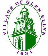 Green and purple circular seal of the Village of Glen Ellyn, featuring a historic clock tower and the year 1834.