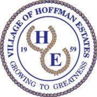 Official seal of the Village of Hoffman Estates, featuring blue text and symbols on a white background with a rope border.