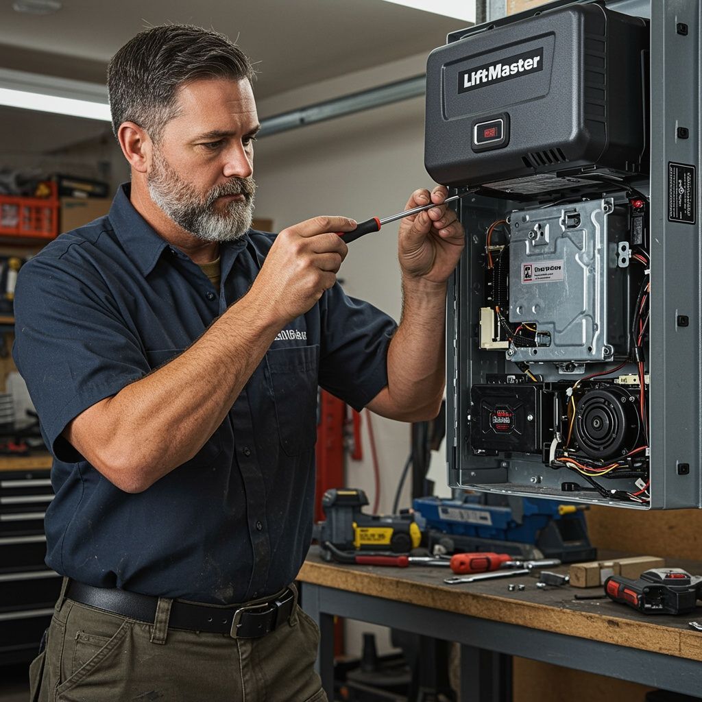 A man in work clothes repairs a LiftMaster garage door opener in a workshop, using a screwdriver.