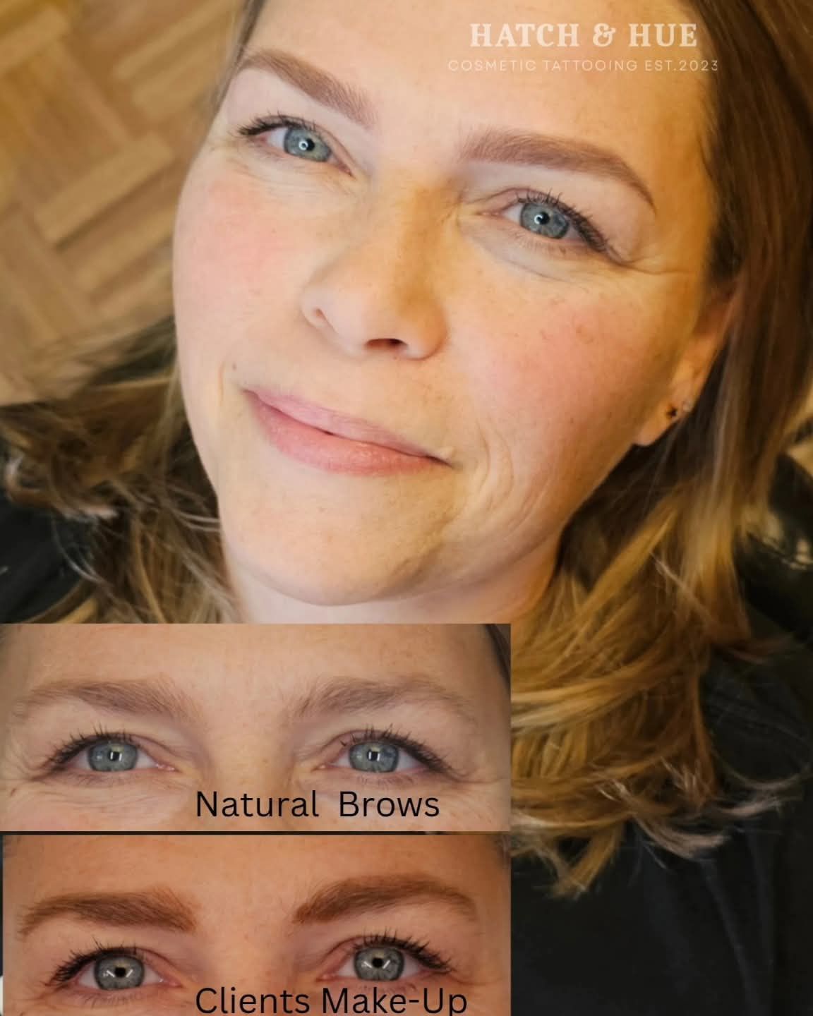Woman's face with eyebrow microblading; natural brows and makeup examples below.