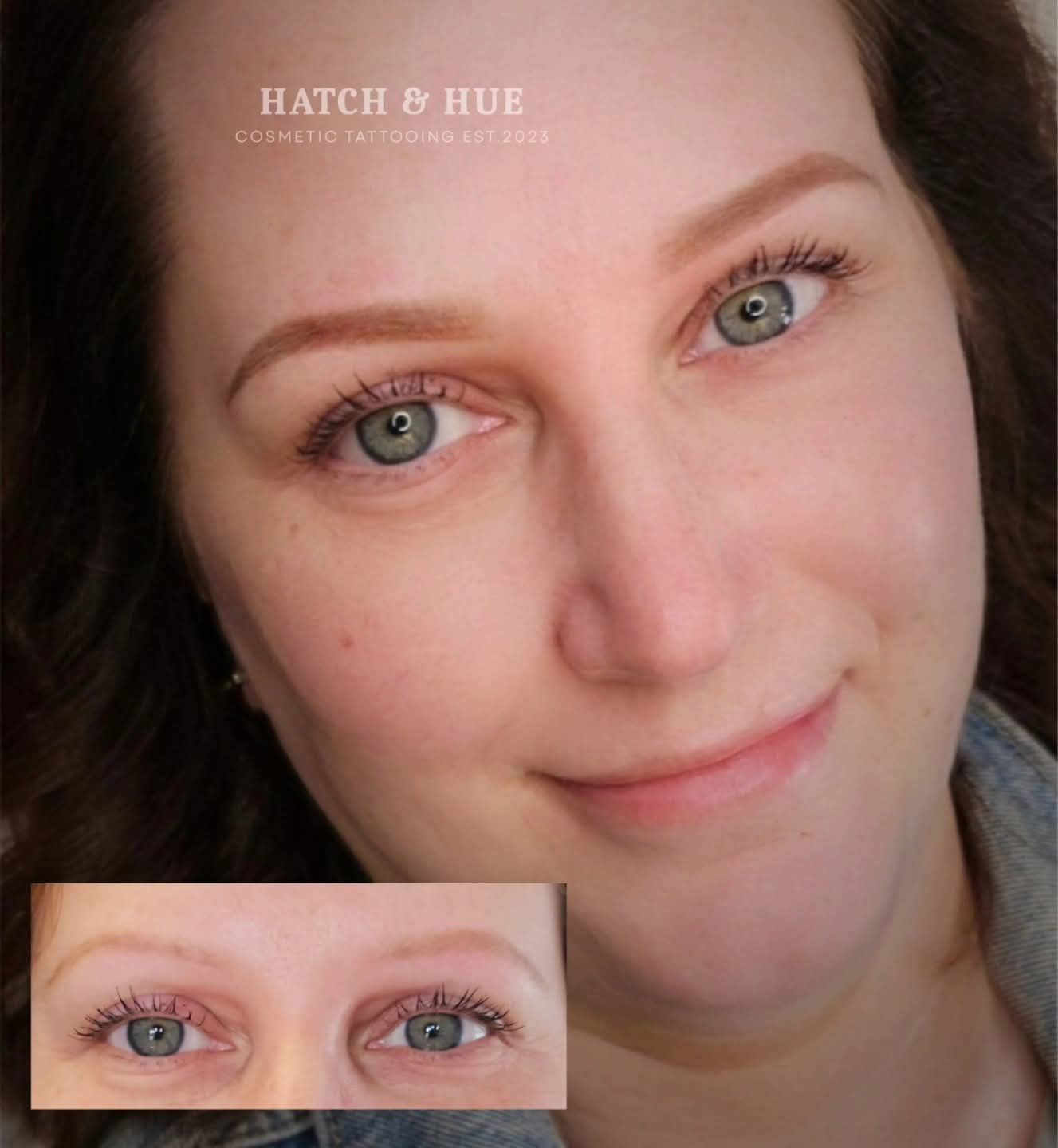 Woman with microbladed eyebrows, inset before/after eyes. Brown and tan tones. Green eyes.