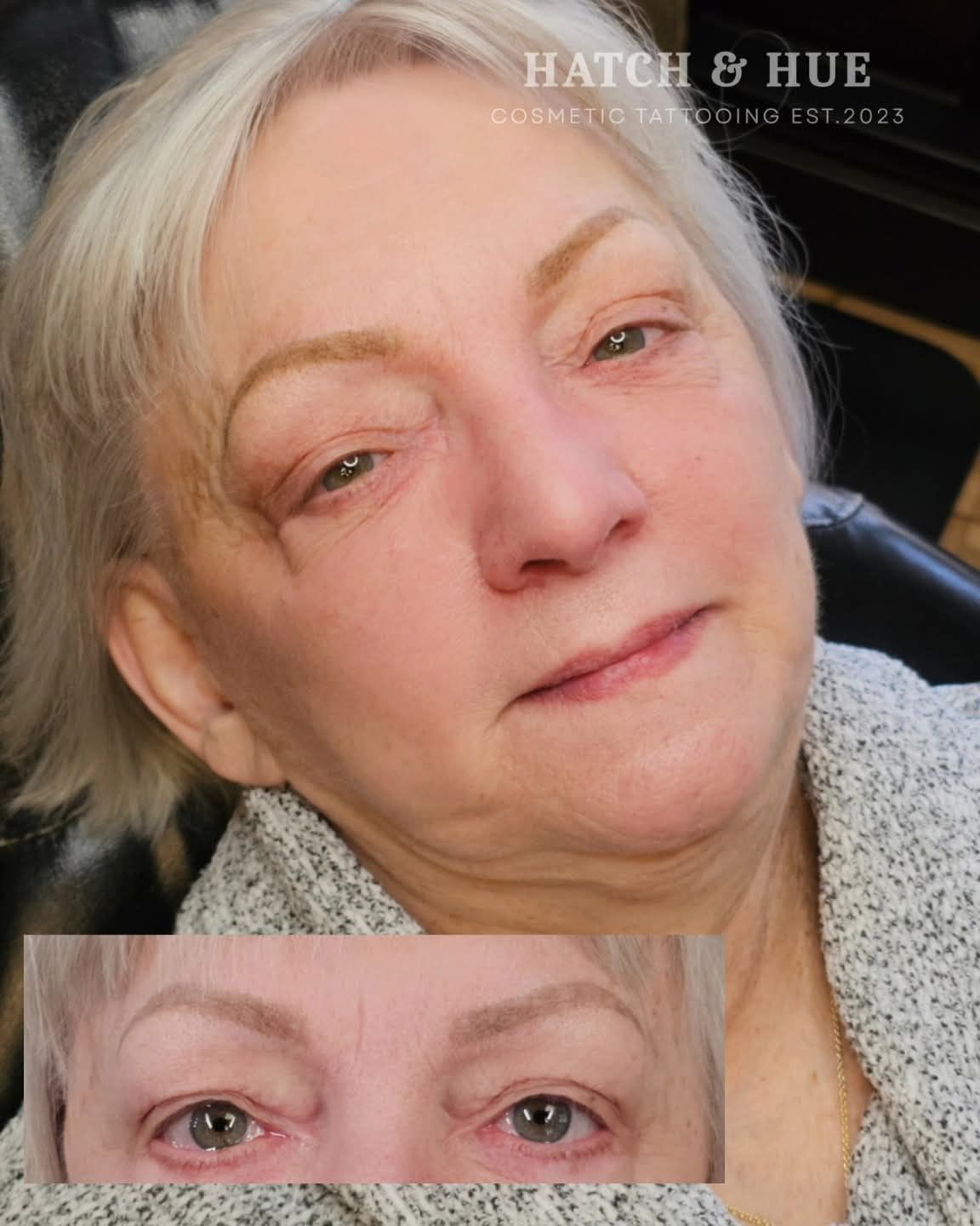 Woman with new eyebrow tattoos; inset shows before and after of eyebrows.