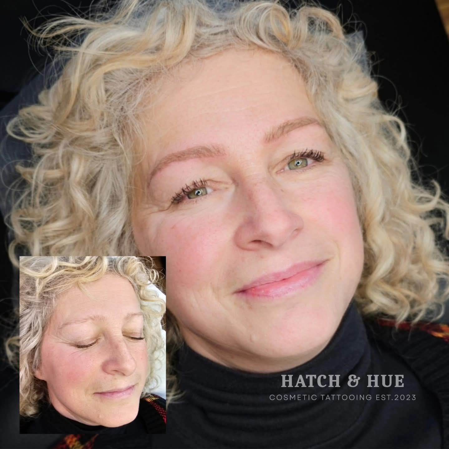 Woman with microbladed eyebrows, before and after, smiling.