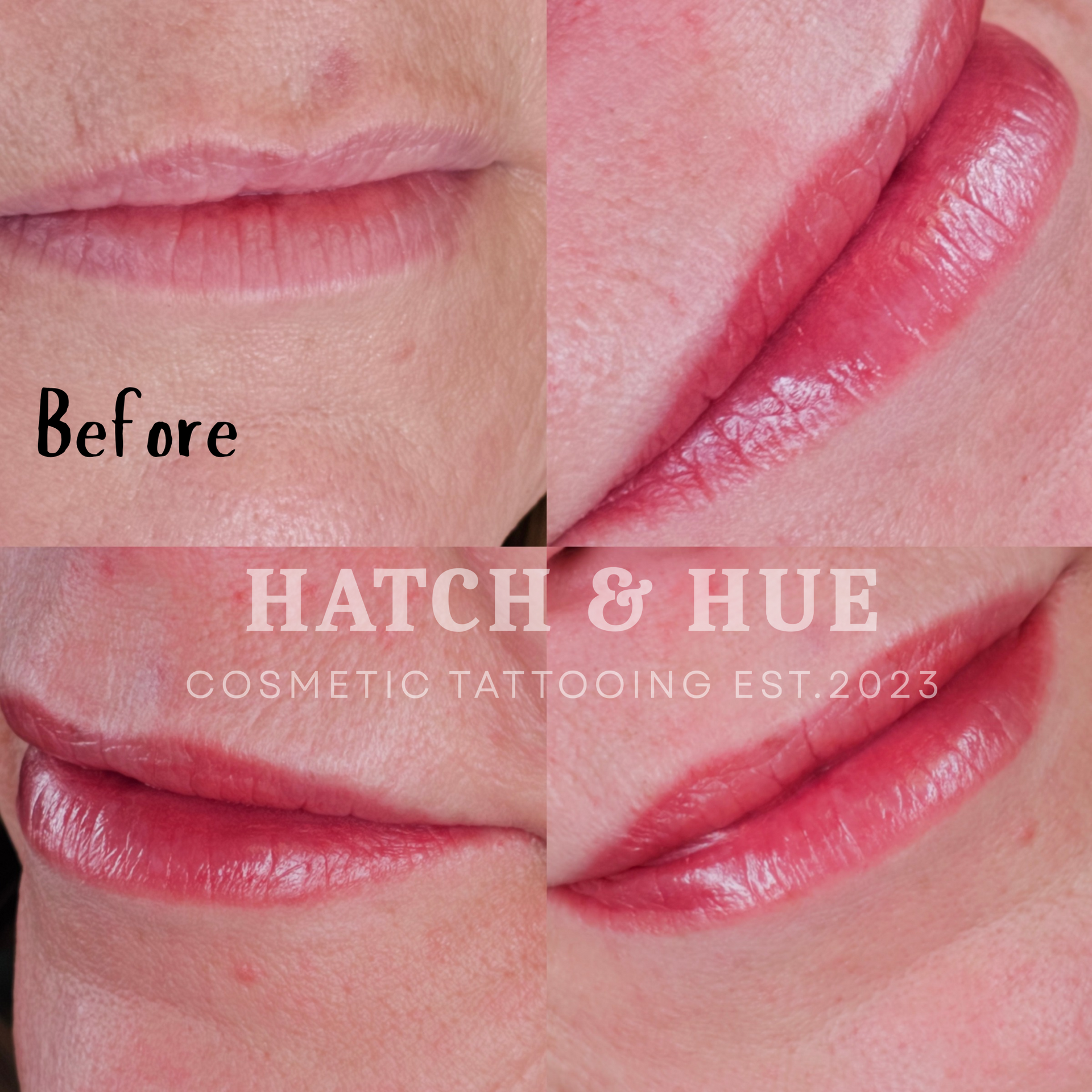Before and after photos of lip blushing cosmetic tattoo; pink lips.