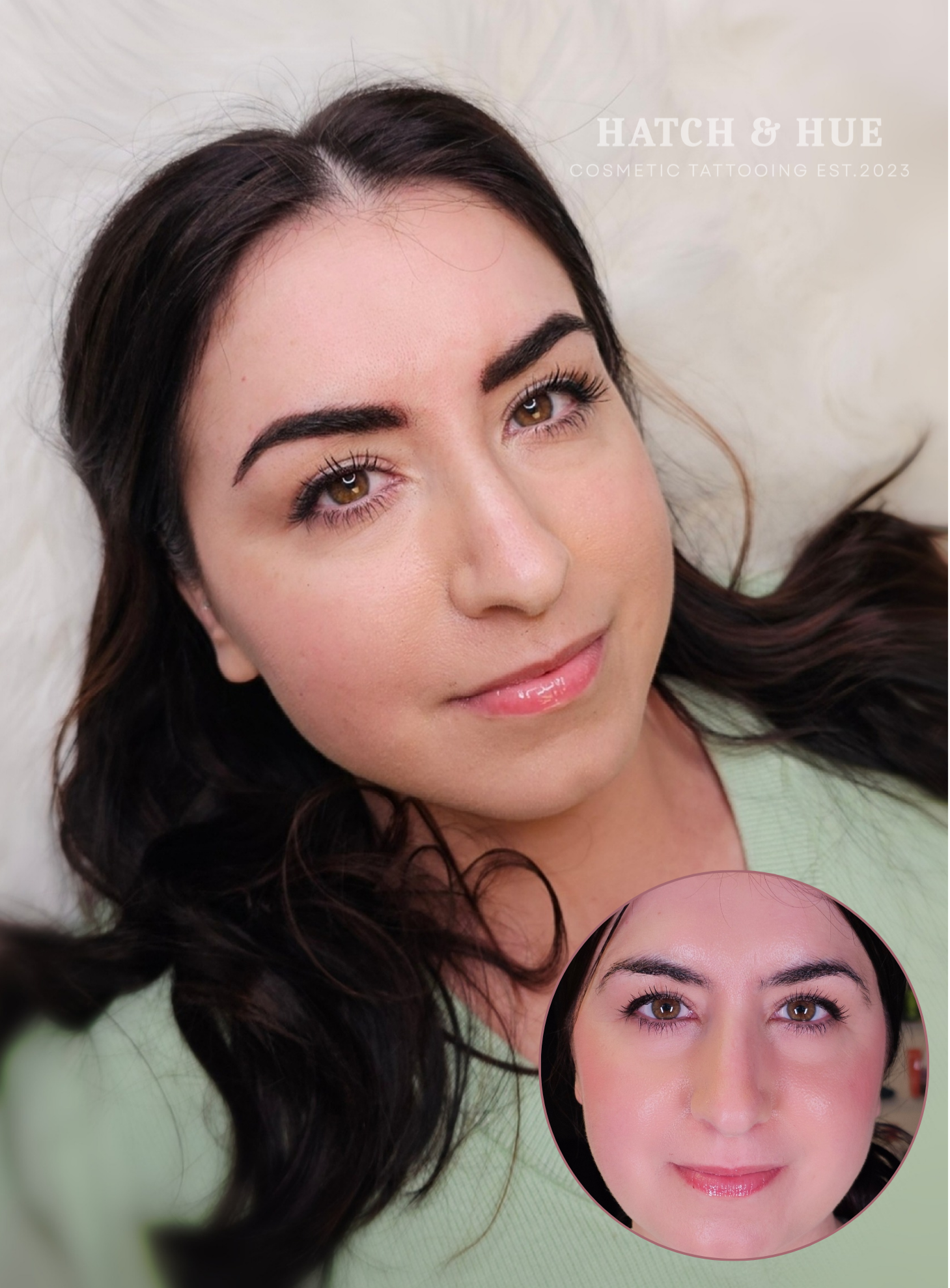 Woman with dark eyebrows, full face, and inset photo of her with less makeup, soft lighting.