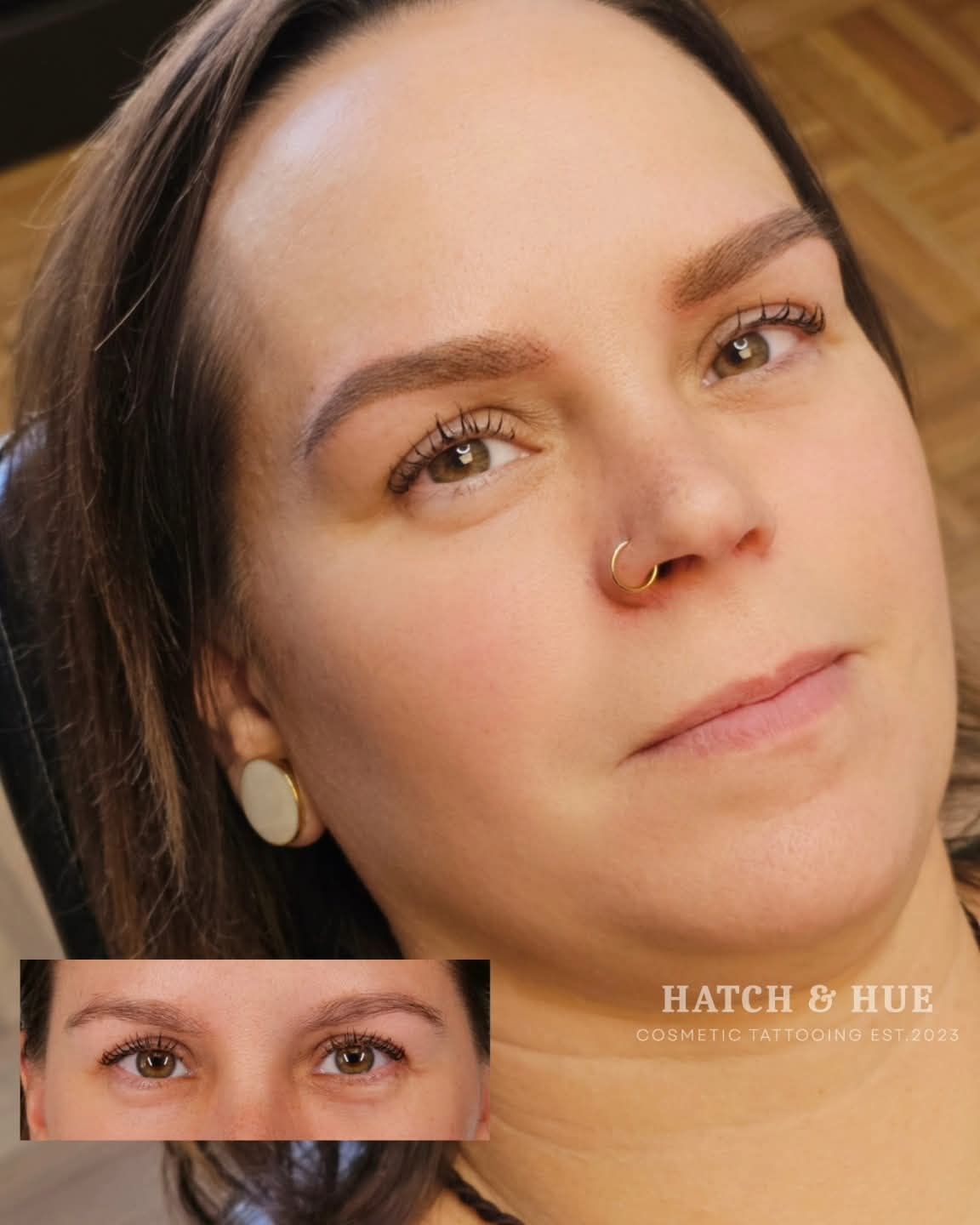 Woman with microbladed eyebrows, before and after comparison. Light brown color, neutral expression.
