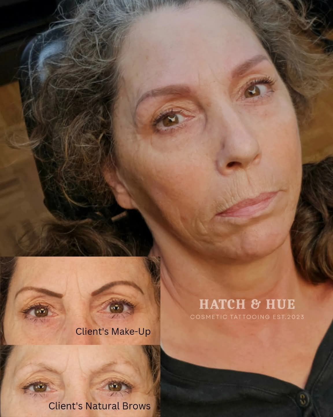 Woman with new brow tattoo; before and after shots show enhanced brows.