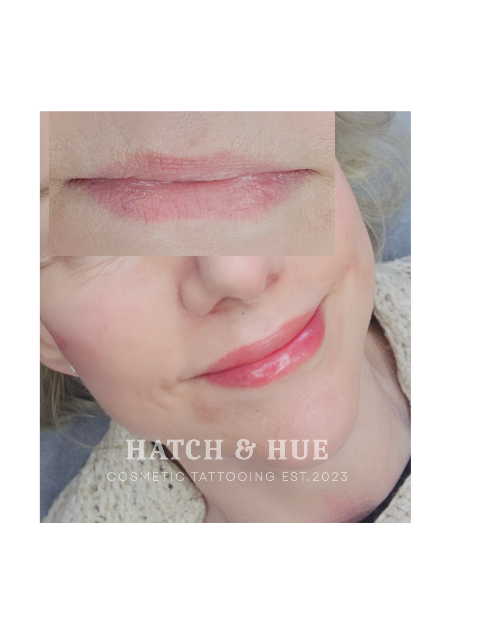 Woman with pink lip tattoo, before and after. Hatch & Hue logo visible.