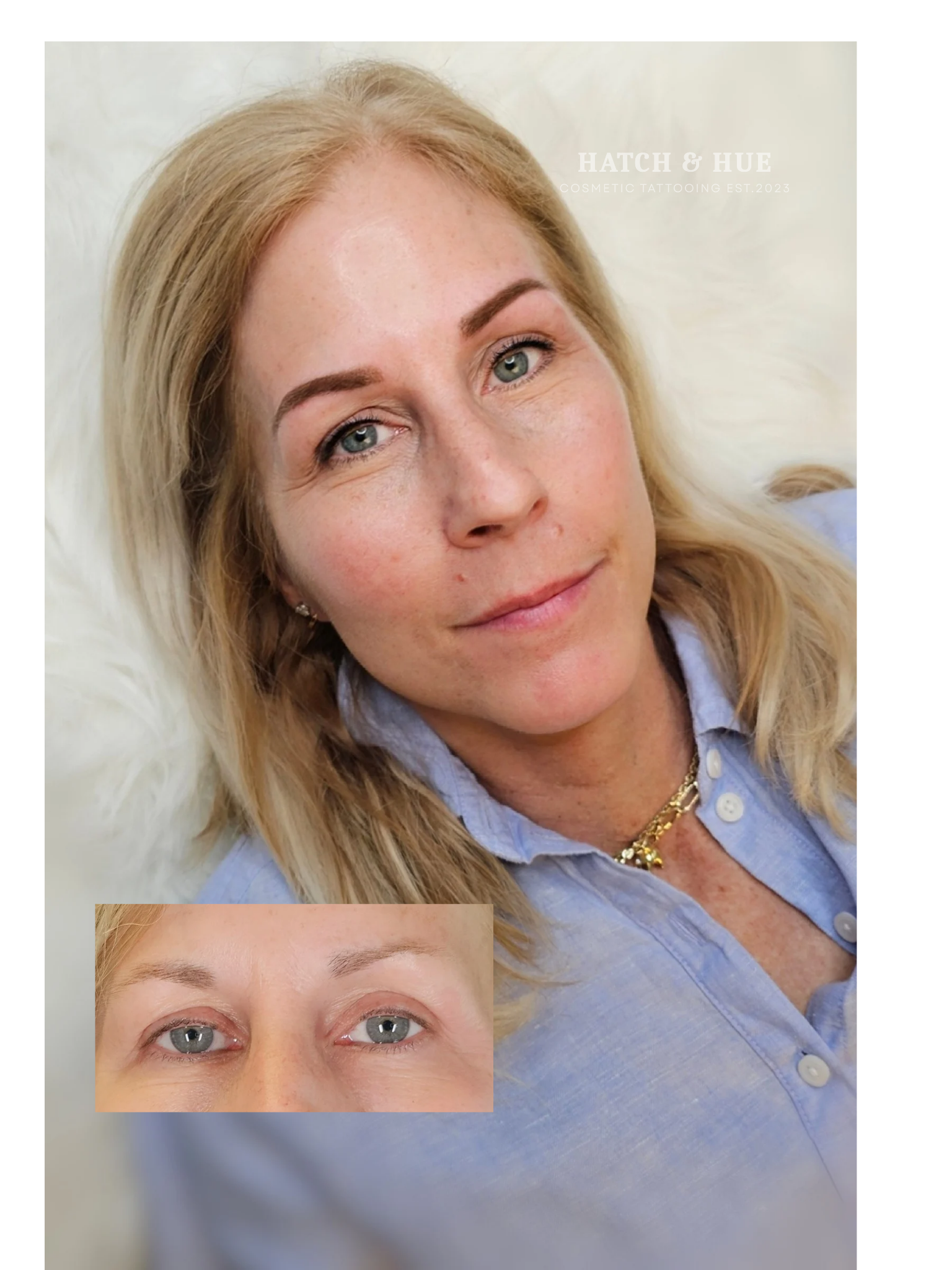 Woman with blonde hair, new eyebrow tattoos, lying down, before-and-after inset shows thin eyebrows.