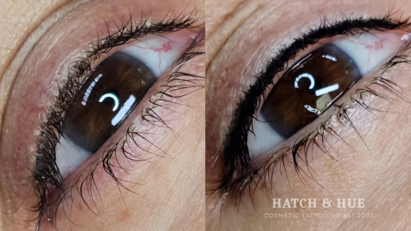 Two close-up views of a brown eye with and without black eyeliner applied; the right image shows eyeliner.
