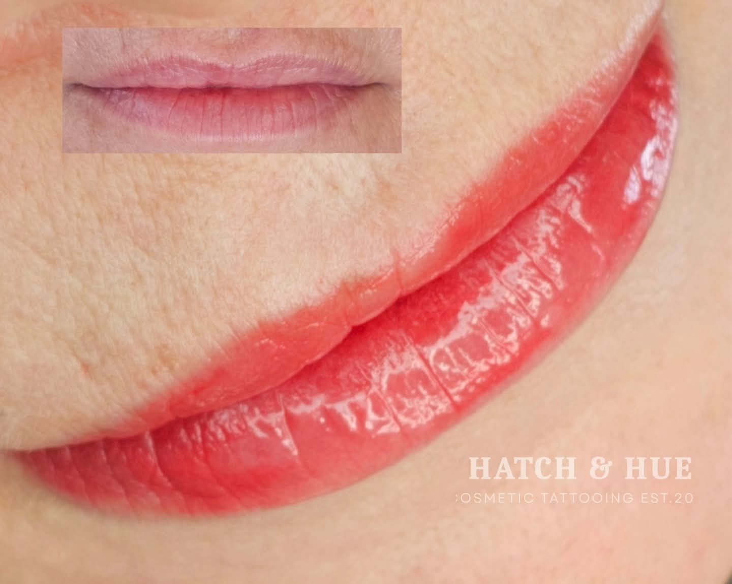 Close-up of a woman's lips with a cosmetic lip tattoo; light pink color, before and after comparison.