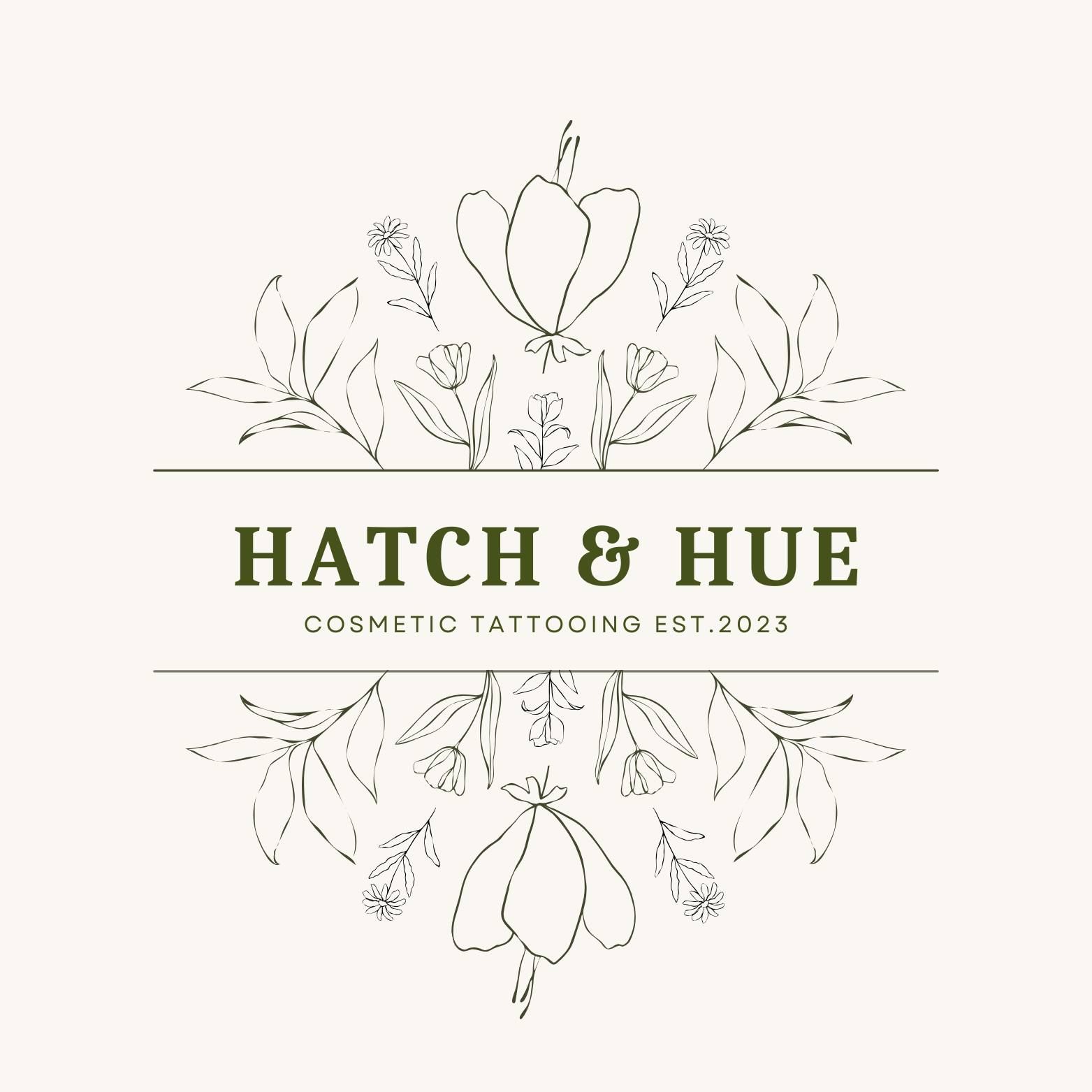 Logo for Hatch & Hue with floral design and text.
